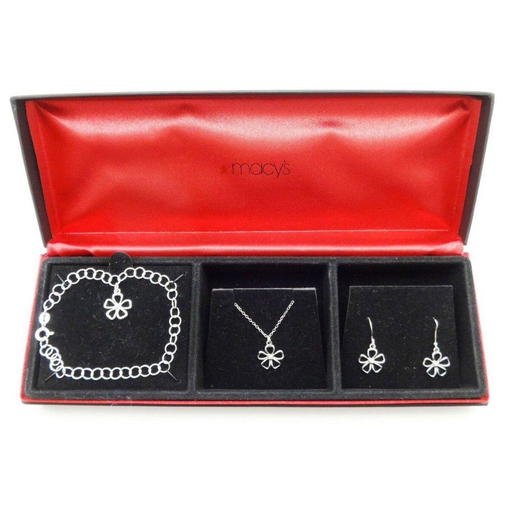 MACY'S Three Piece Set Sterling Silver Open Flower Pendant Jewelry Gift Set NIB